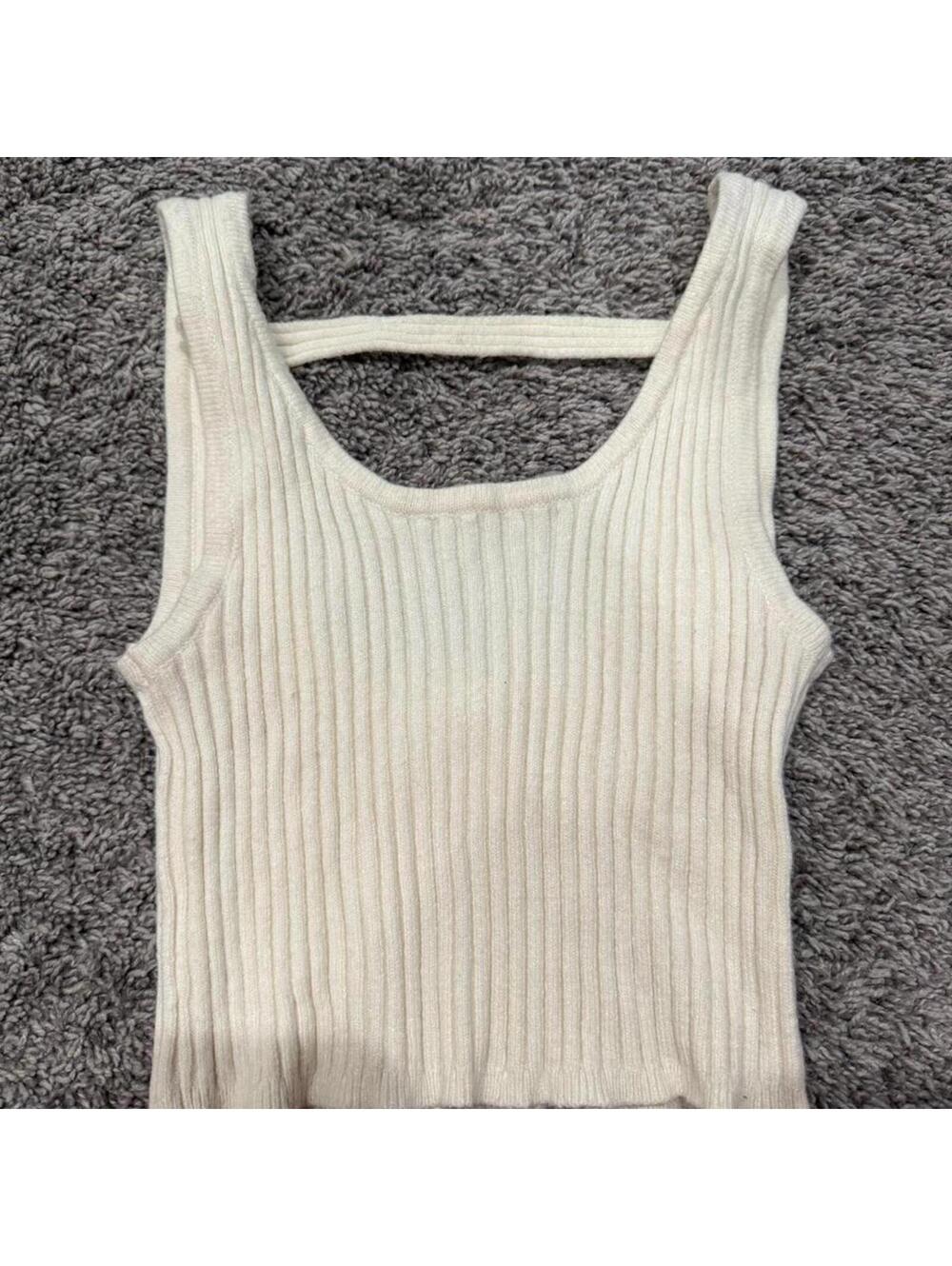 Double Zero Ribbed Knit Tank Top in Cream, Size Small
